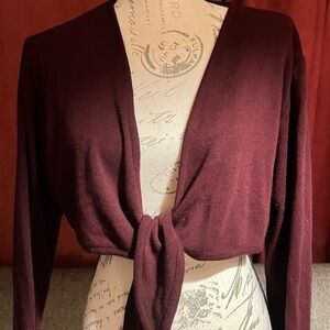 Nina Leonard Deep Burgundy Tie-Front Cardigan